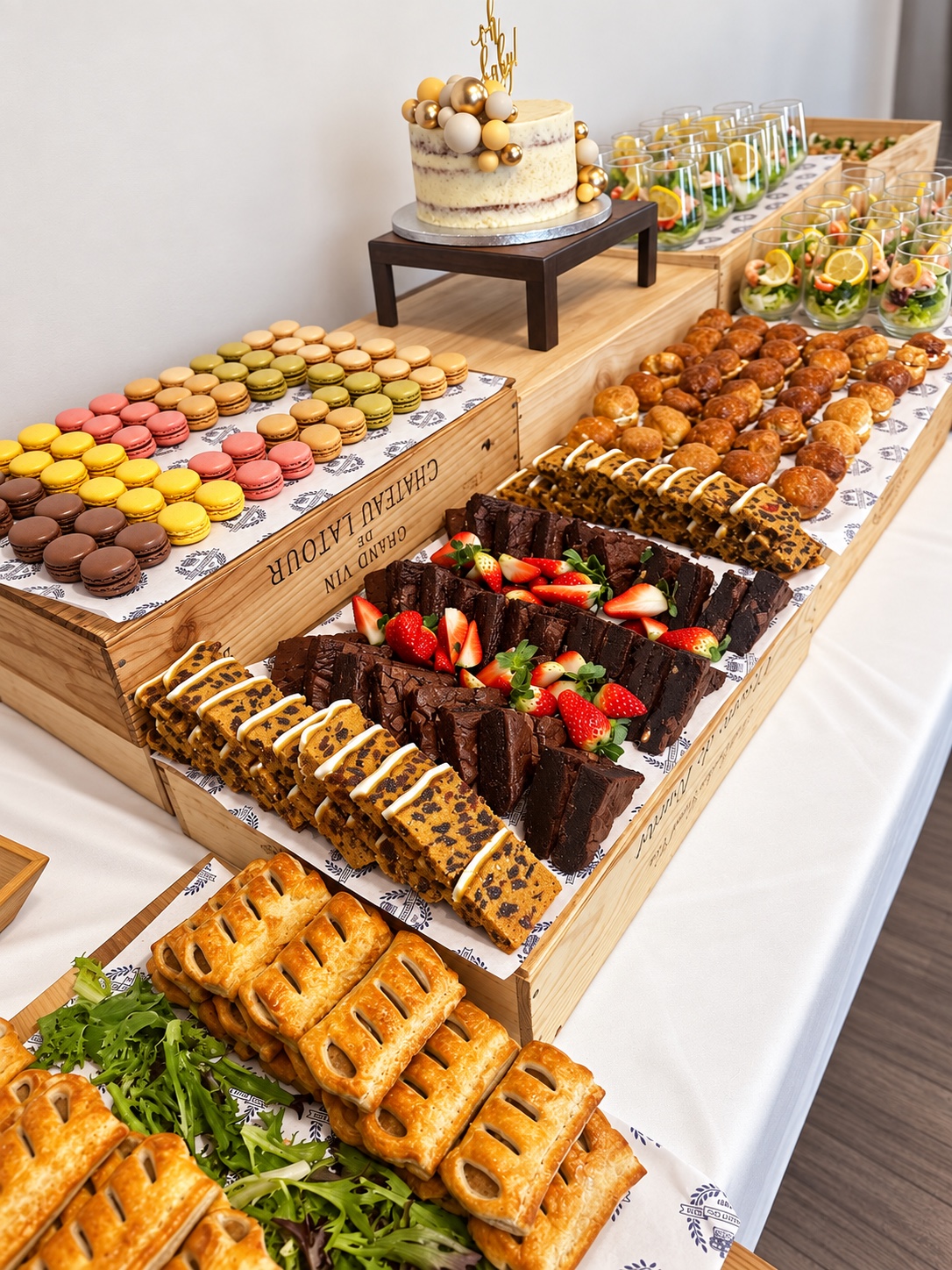A celebration buffet with macarons, cakes, savouries and a decorated cake